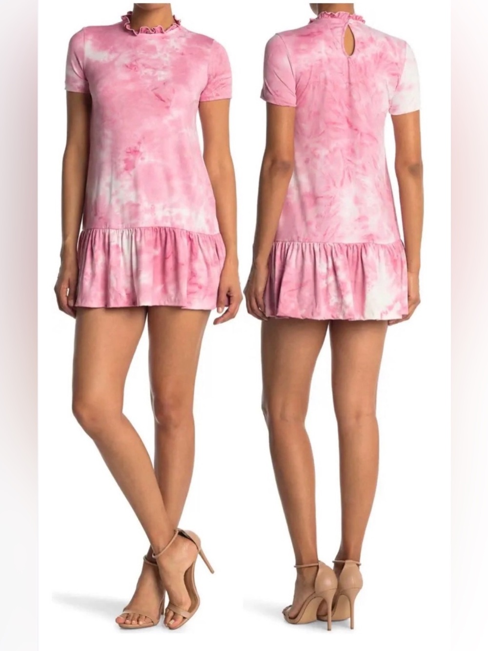 Velvet Torch Pink Tie Dye Ruffle Neck Mini T-Shirt Dress Shift Soft Knit Lg BNWT